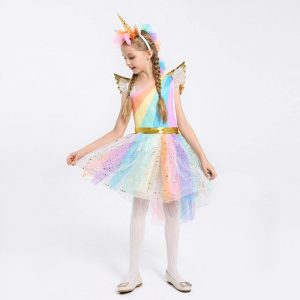 Farsangi unikornis jelmez kislányoknak szivárványszínű ruhával, fejdísszel és szárnyakkal - S méret - 110 cm magasságra (BBJ) - Image 16
