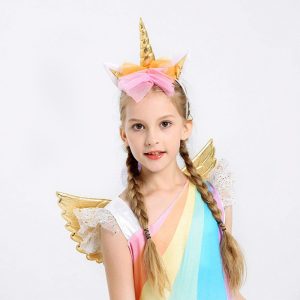 Farsangi unikornis jelmez kislányoknak szivárványszínű ruhával, fejdísszel és szárnyakkal - S méret - 110 cm magasságra (BBJ) - Image 3
