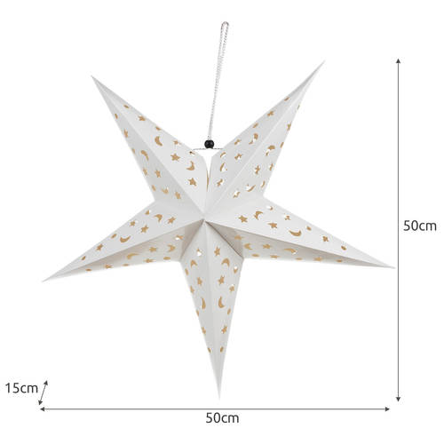 Felakasztható – karácsonyi 3D LED-es csillag dekoráció papírból – csillagokkal, holdakkal díszítve, fehér szín (BB-20076) (3)