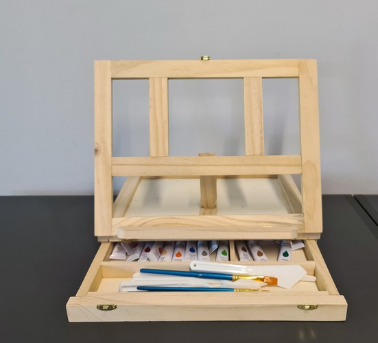 2 az 1-ben fából készült festőkészlet praktikus bőröndben kihajtható festőállvánnyal – 46 elem (BB-19177) (13)