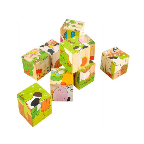 6 az 1-ben fa kockából álló puzzle készlet gyerekeknek – 6 különböző állatfigurás kép (BB-6157) (1)