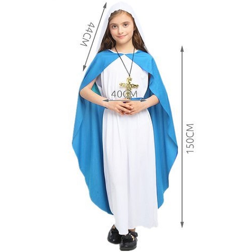 Farsangi-, és karácsonyi ünnepre Szűz Mária jelmez kislányoknak – köpennyel, övvel és fejfedővel – 150 cm magasságra (BB-4777) (1)