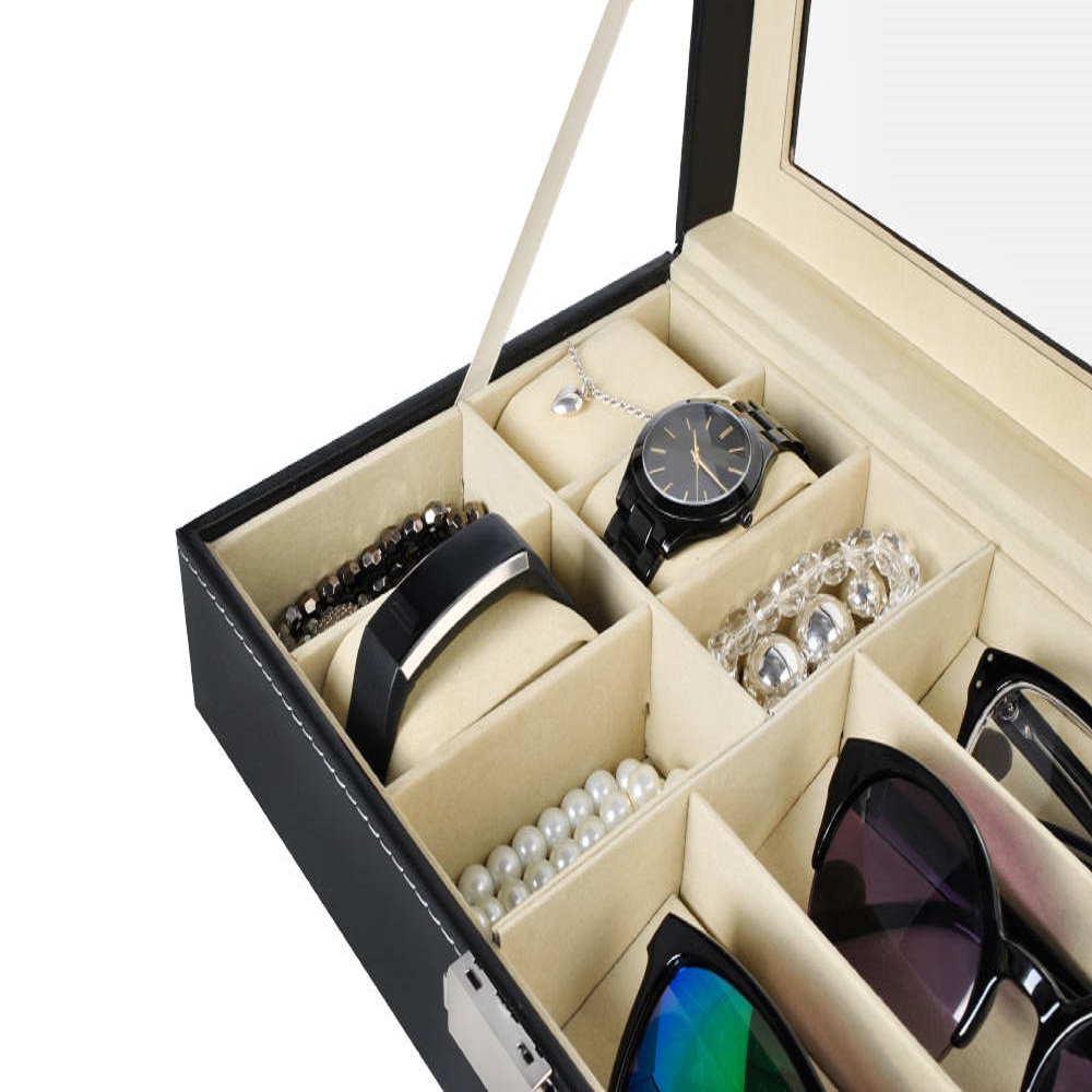 Zárható, elegáns ékszertartó doboz átlátszó fedéllel – szemüveg és karóra tartó – 9 rekesszel, fekete (BB-8497) (4)