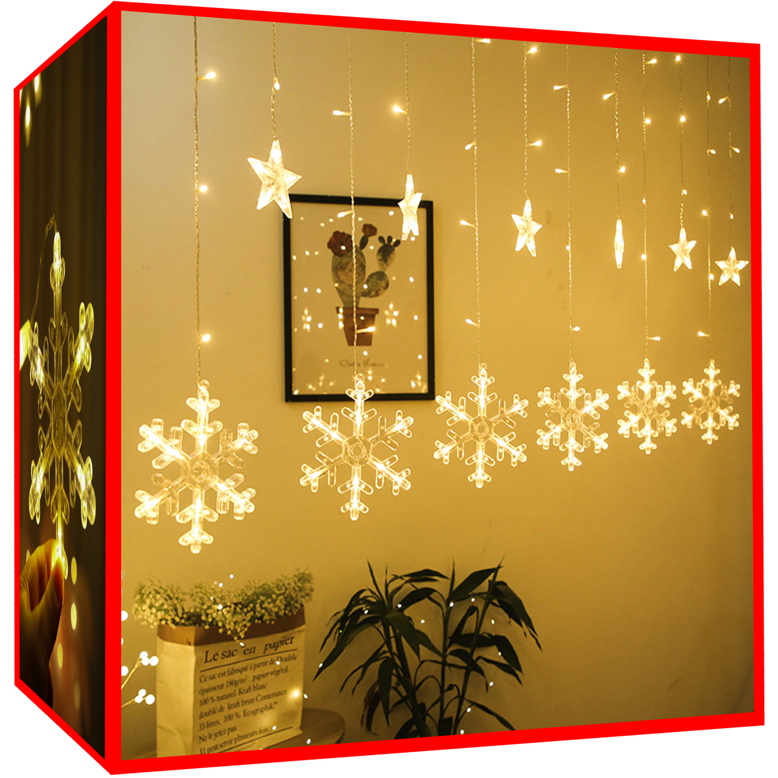 138 LED-es fényfüggöny csillagokkal és hópelyhekkel, kül-, és beltérre egyaránt – 2,5 x 1 m, meleg fehér (BB-11326) (1)