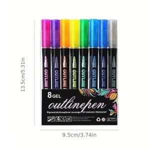 8 db-os metál kontúr filctoll készlet - ezüst színű vonalak színes kontúrral - íráshoz, rajzoláshoz, kiemeléshez (BBJ) - Image 4
