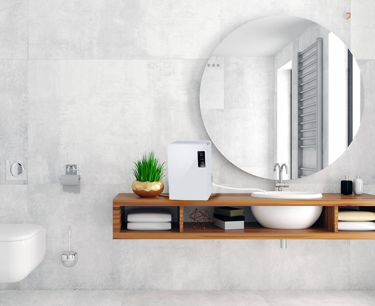 Modern bathroom interior in loft style chest of drawers
