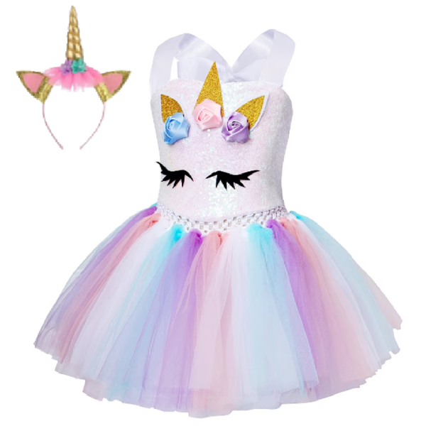Farsangi unikornis tündérruha jelmez szivárványszínű ruhával és fejdísszel - S méret 110 cm magasságra 4