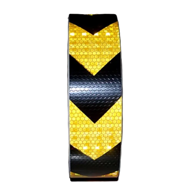 PVC fekete és sárga öntapadós fényvisszaverő biztonsági szalag – 50mm x 5m 1