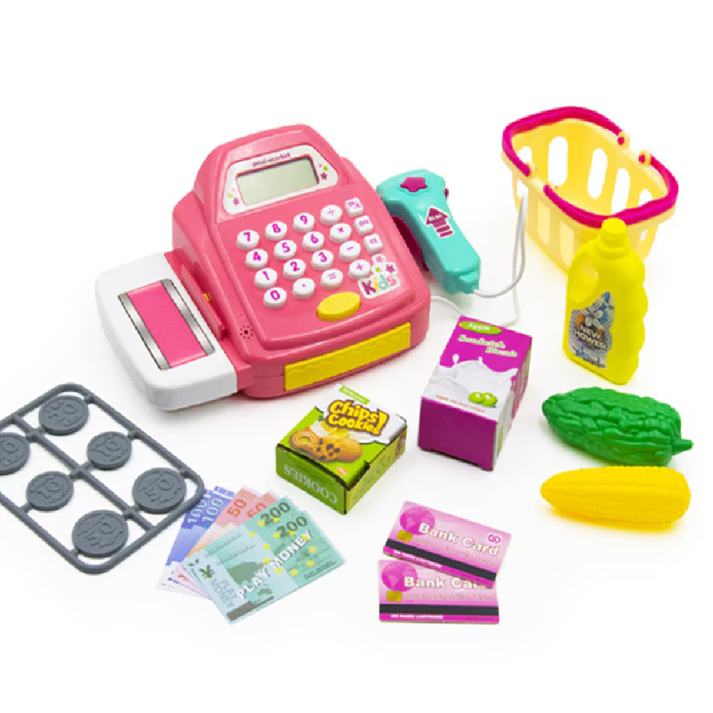 Interaktív gyermek Játék pénztárgép – játék pénzzel, élelmiszerekkel és kasszaszalaggal