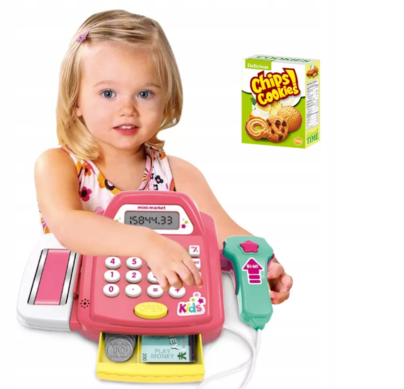 Interaktív gyermek Játék pénztárgép – játék pénzzel, élelmiszerekkel és kasszaszalaggal 4