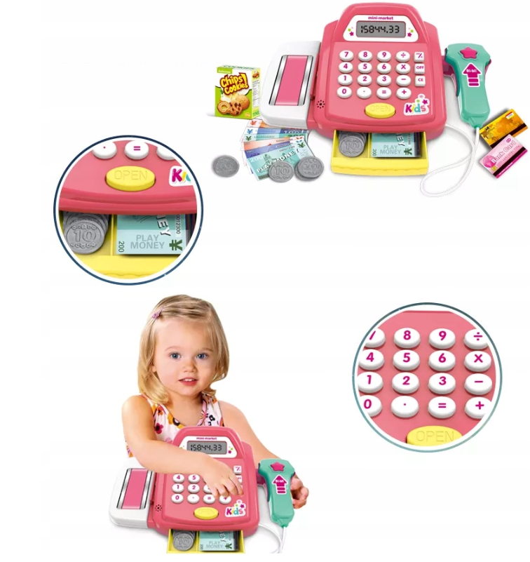 Interaktív gyermek Játék pénztárgép – játék pénzzel, élelmiszerekkel és kasszaszalaggal6