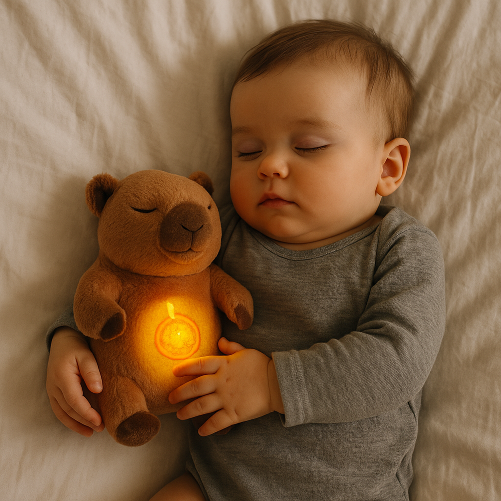 Capybara_plüss_alvótárs_babáknak_lélegző_funkcióval_és_környezeti_fénnyel,_18_cm