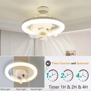 LED mennyezeti ventilátor – 26 cm, E27 foglalat, távirányítóval, 3 sebesség fokozattal, 360° -os forgás 48W (BBJH) - Image 7