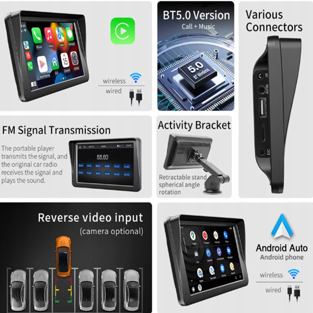 Autós multimédiás navigációs rendszer – 7-os HD érintőképernyő, CarPlay & Android Auto, Bluetooth 5.4, FMAUX, TF kártyahely SD7299 (THM)9