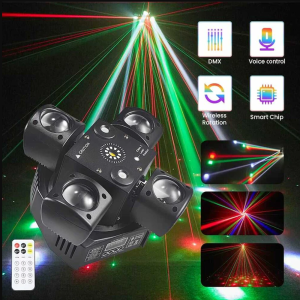 4 karos lézer-LED diszkófény mozgófejes effektekkel – stroboszkóp, hangvezérlés és távirányító-48W (BBD) - Image 6