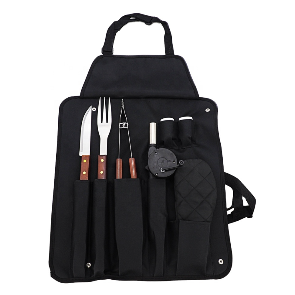 BBQ grillező kötény szett – 60×40 cm-es fekete kerti főző kötény több zsebbel, praktikus tároló rekeszekkel és kiegészítő tartóval (BLLV)3