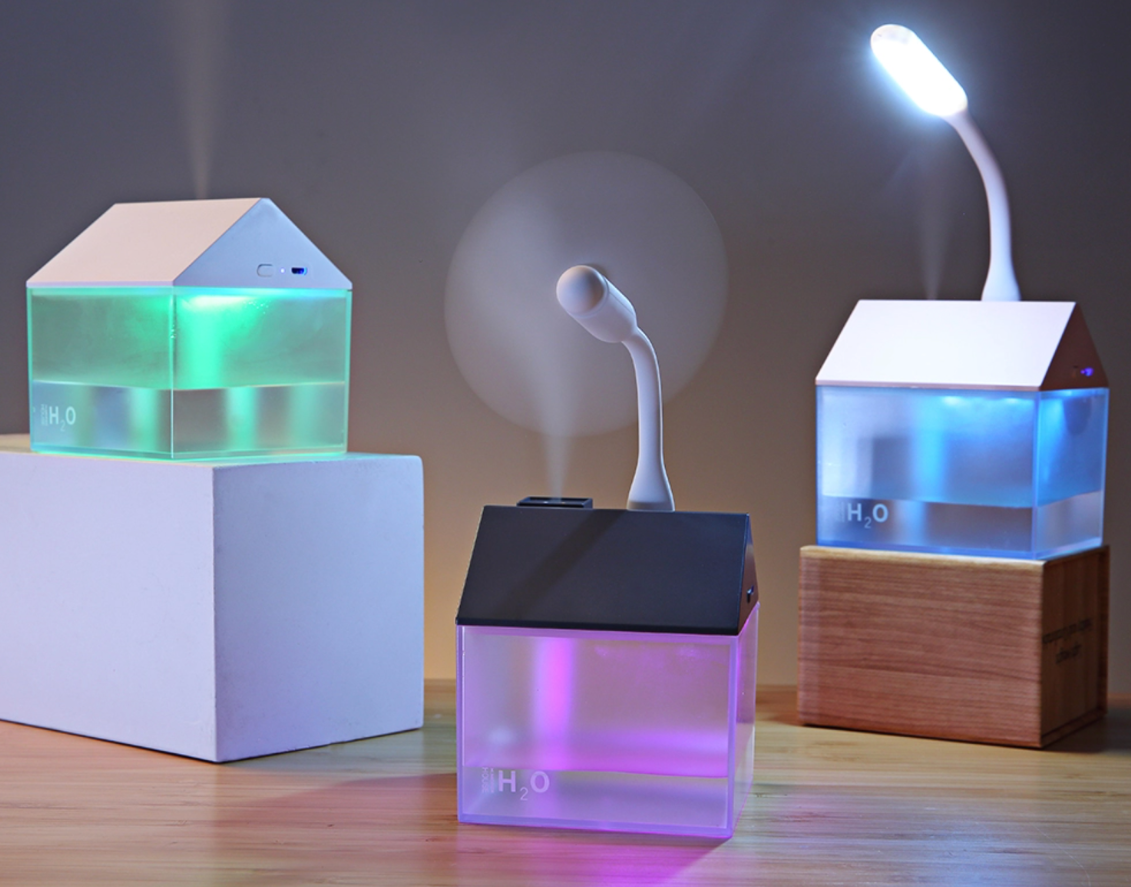 Házikó alakú ultrahangos párologtató diffúzor – LED világítással, halk működésű párásító otthonra és irodába 250 ml – fekete (BLLV)4