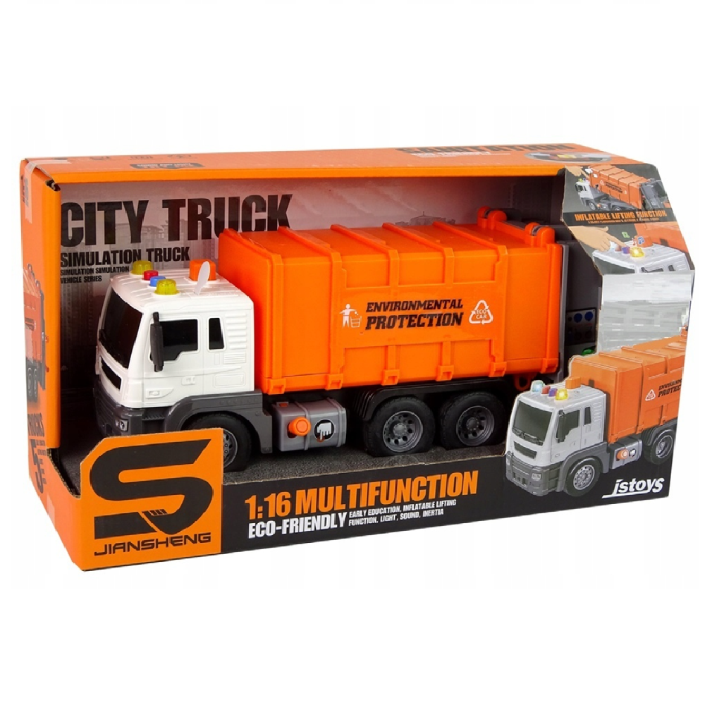 Narancssárga szemétszállító teherautó – súrlódásos meghajtású játékautó hangeffektekkel gyerekeknek 26cm JS108B (BBJ)2