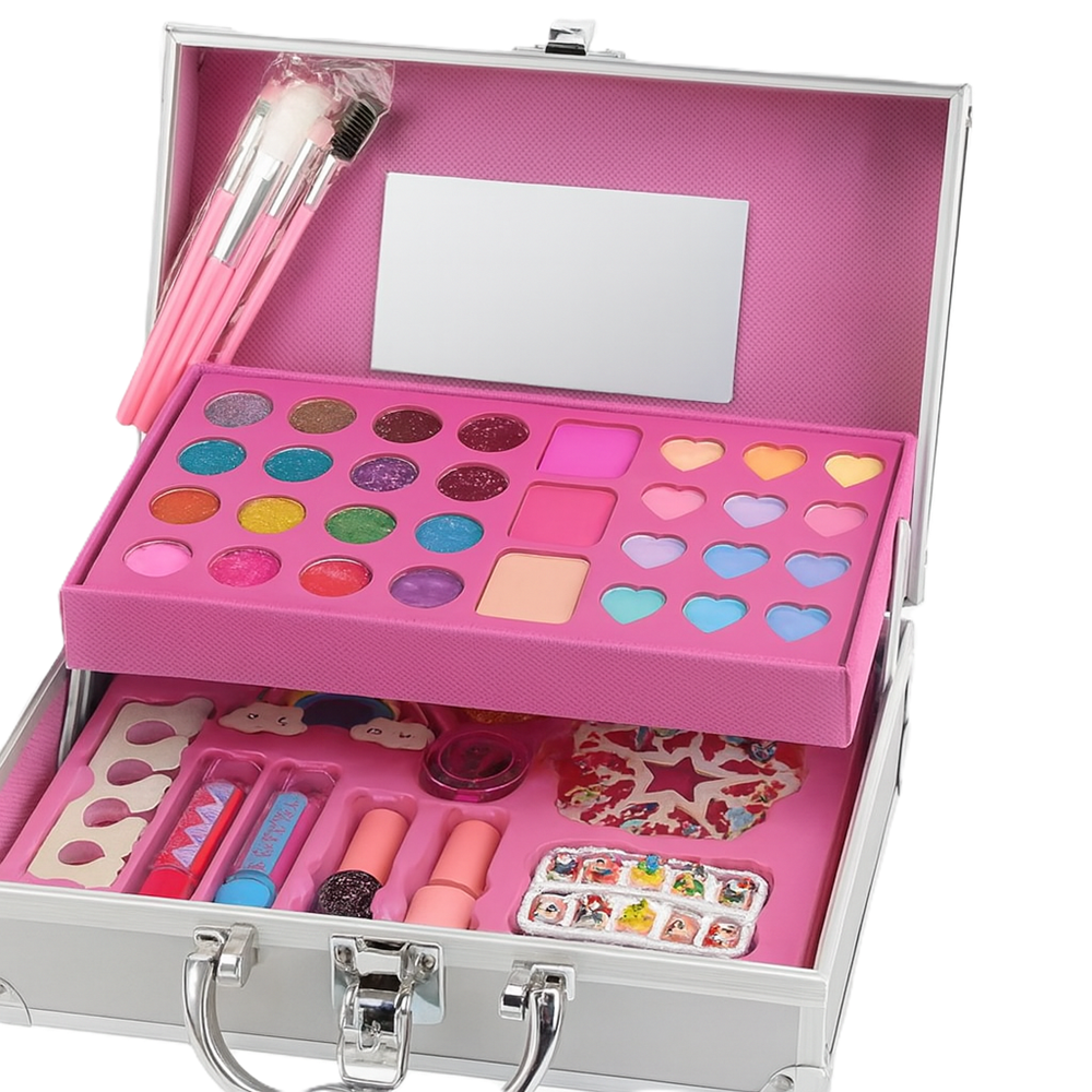 Unikornisos gyerek sminkkészlet – 46 részes ragyogó kozmetikai szett fém tárolódobozban, kreatív játék és ajándék kislányoknak (BBJ)1