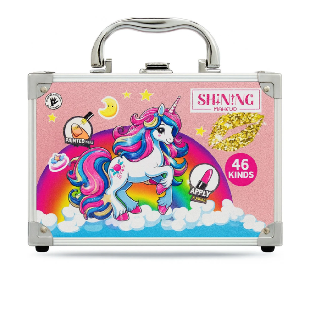 Unikornisos gyerek sminkkészlet – 46 részes ragyogó kozmetikai szett fém tárolódobozban, kreatív játék és ajándék kislányoknak (BBJ)6