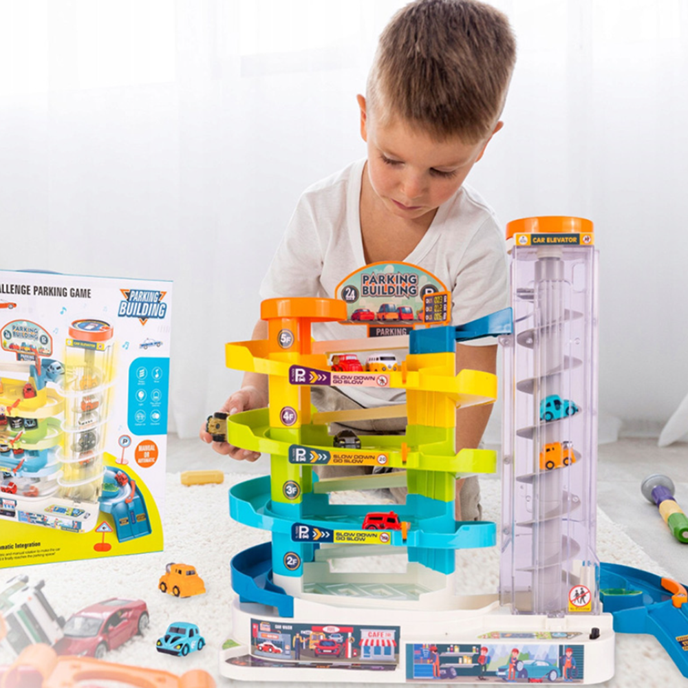 Gyermek 4 szintes parkolóház elektromos lifttel fényekkel és hangokkal – 6 autó, helikopter-leszálló (BBMJ) 2
