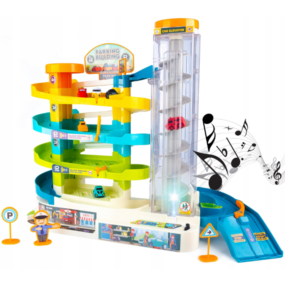 Gyermek 4 szintes parkolóház elektromos lifttel fényekkel és hangokkal – 6 autó, helikopter-leszálló (BBMJ) 4