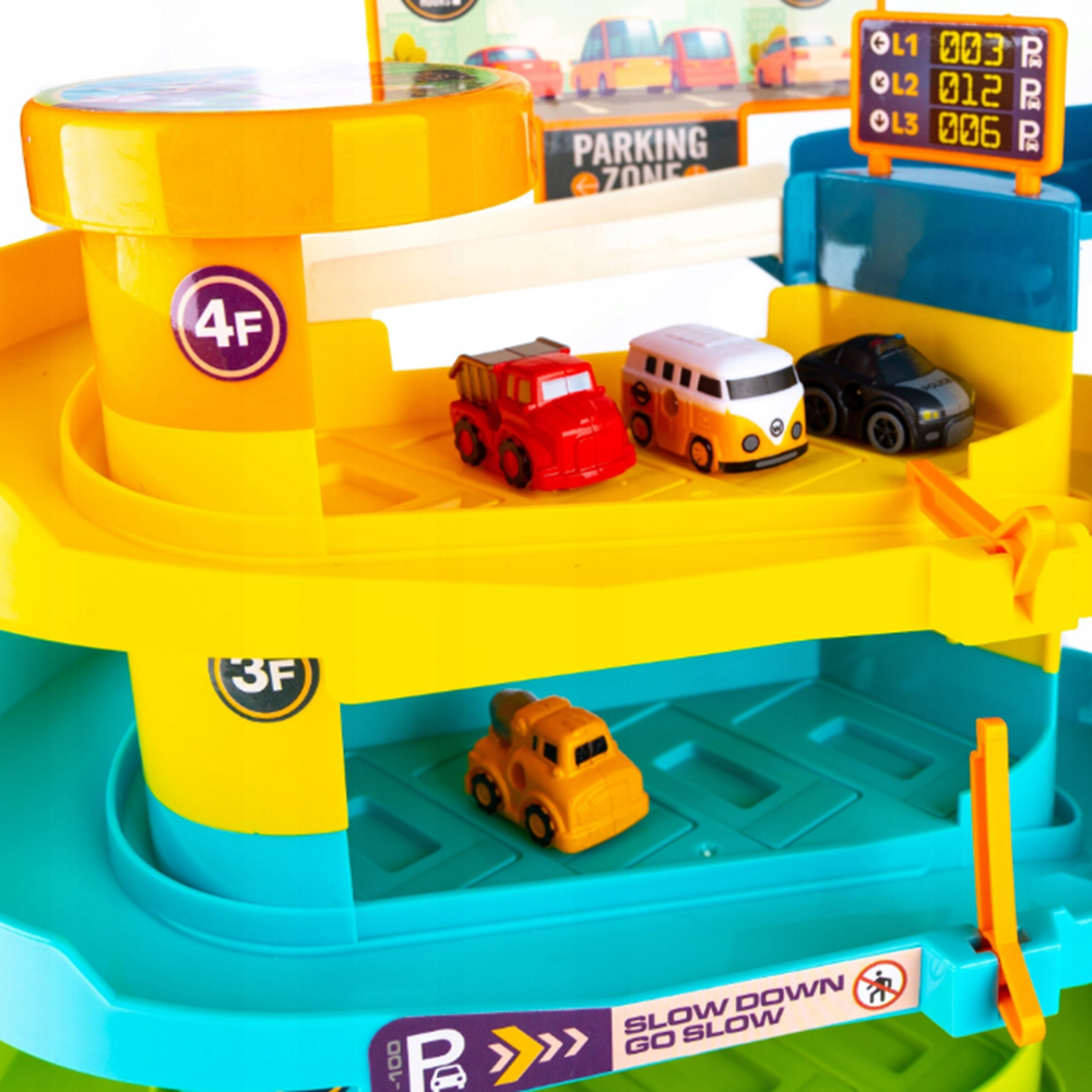 Gyermek 4 szintes parkolóház elektromos lifttel fényekkel és hangokkal – 6 autó, helikopter-leszálló (BBMJ) 7