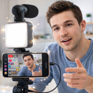 AY-49 videókészítő kit – mobil videó és vlog készítő szett mikrofonnal, LED lámpával és állvánnyal (BBD) - Image 5