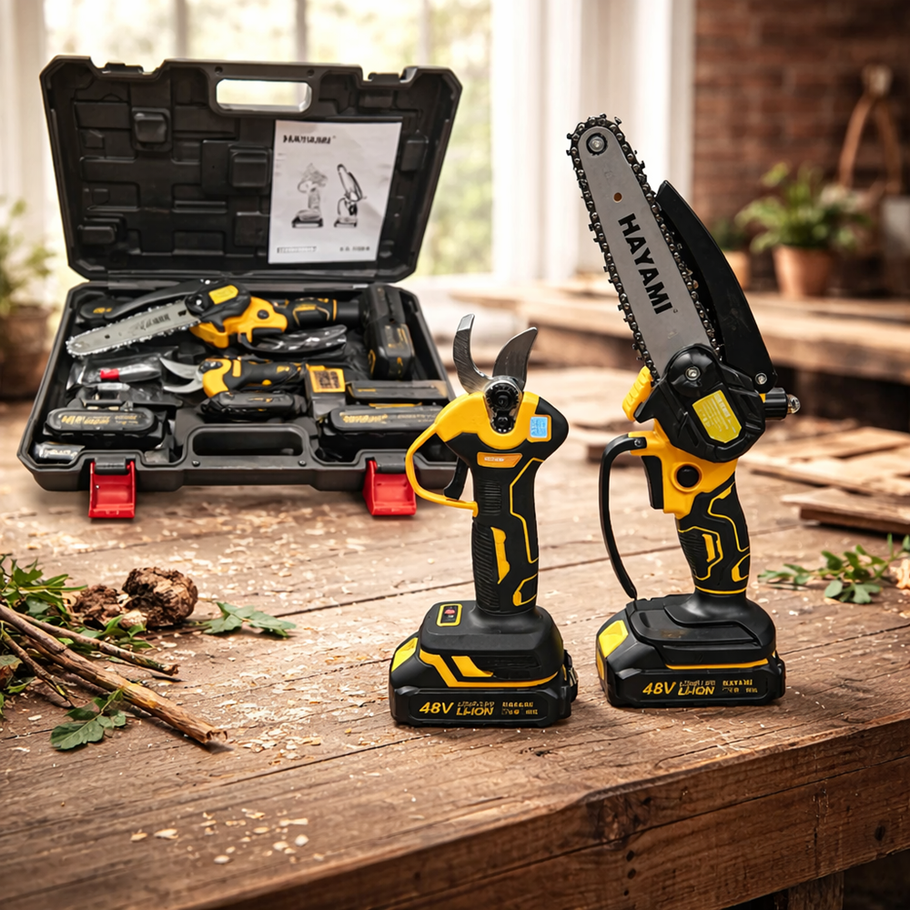 HAYAMI HA-1004 akkus metszőolló és mini láncfűrész szett – LCD kijelző, 6” olajzós láncfűrész, 2 akkumulátorral (FX) 4
