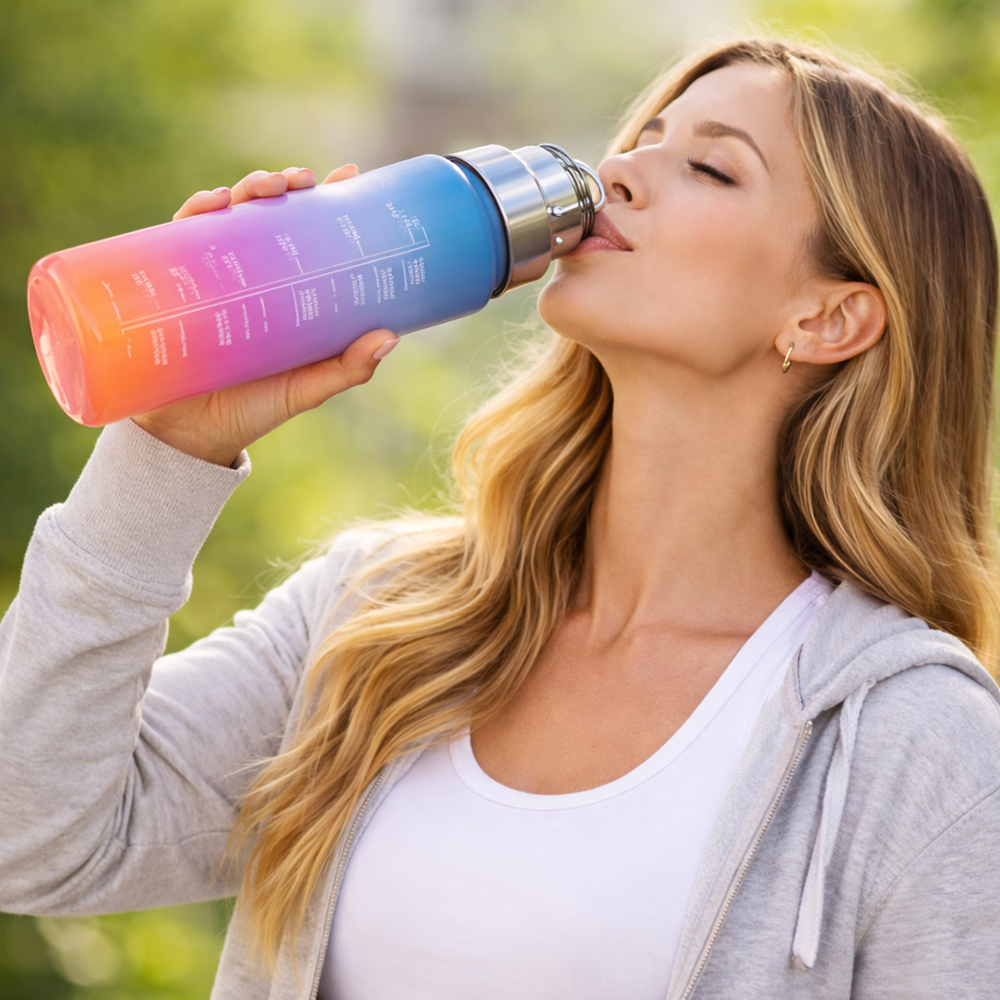 Háromrészes motivációs kulacs szett, kék-lila-narancssárga színkombinációban, 2L, 900 ml és 300 ml méretű palackokkal 11