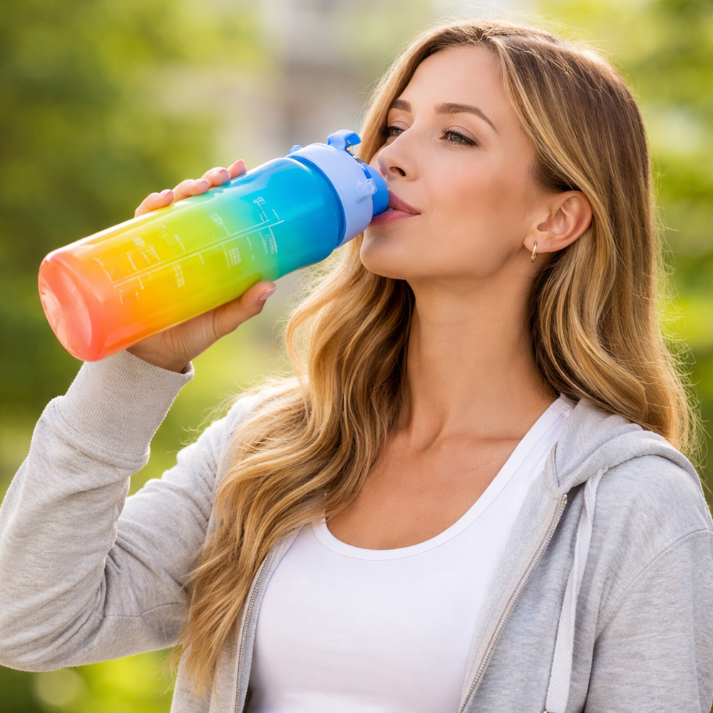 Háromrészes motivációs kulacs szett, kék-sárga-rózsaszín színkombinációban, 2L, 900 ml és 300 ml méretű palackokkal 4