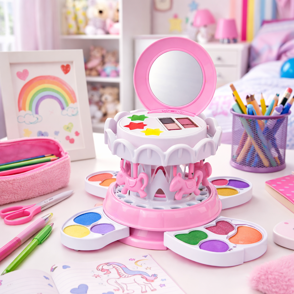 Körhinta rózsaszín sminkkészlet gyerekeknek – smink szett tükörrel és színes kozmetikumokkal (BBJ) 3