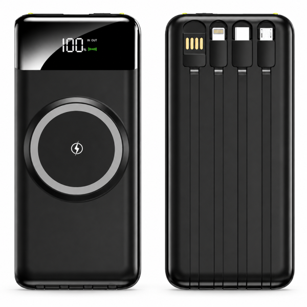 OKOP KP-711 powerbank 10000mAh – hordozható gyorstöltő beépített 4 kábellel fekete (BBD) 1