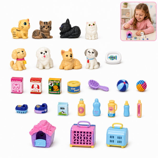 Little Genius Pet Shop kisállat gondozó játékszett – cicás-kutyás pet shop készlet hordozókkal és kiegészítőkkel (BBMJ) 1